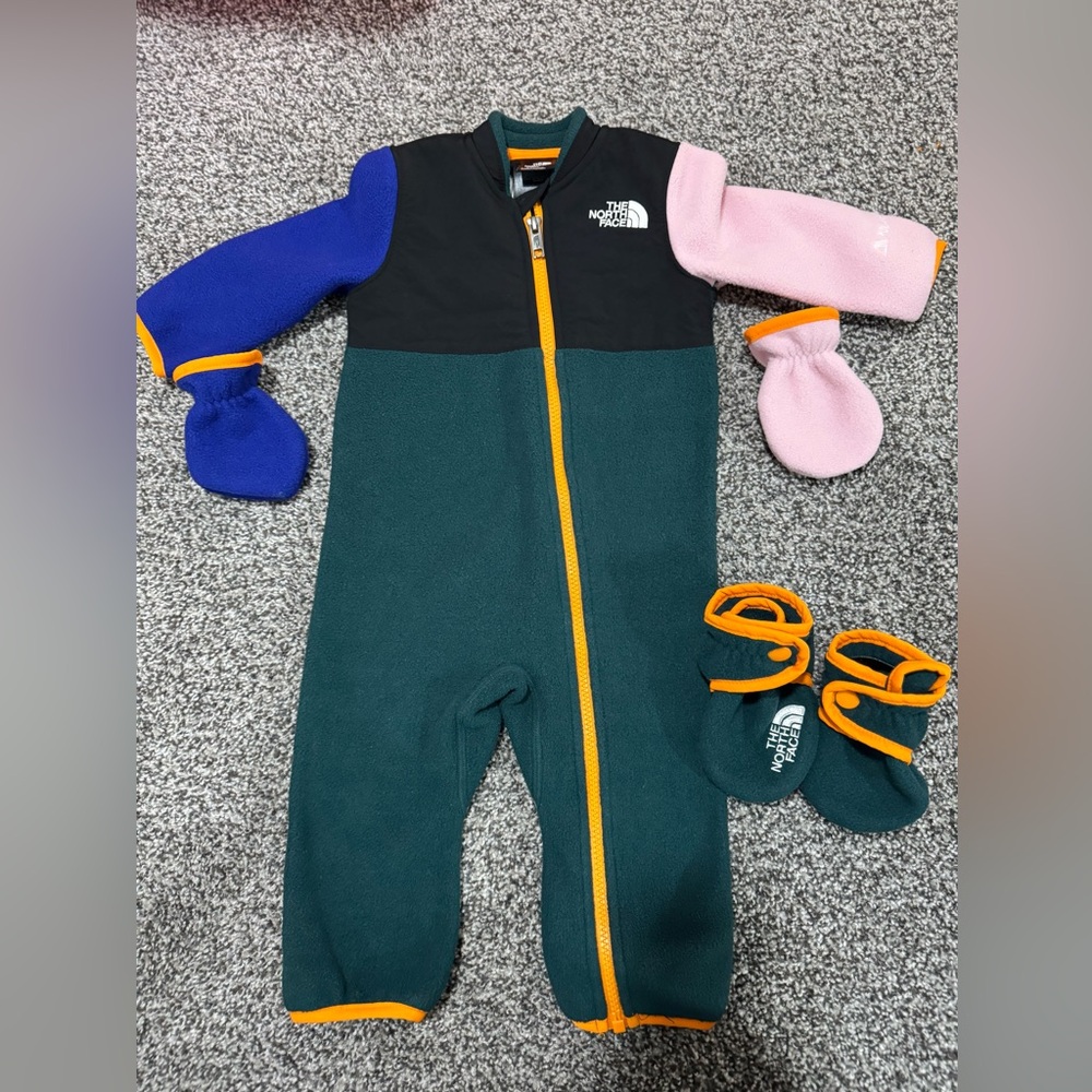 The North Face Baby Denali Colorblock Fleece Onesie with Mittens and Booties